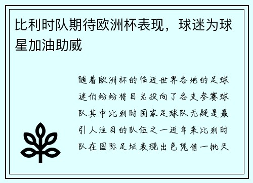 比利时队期待欧洲杯表现，球迷为球星加油助威